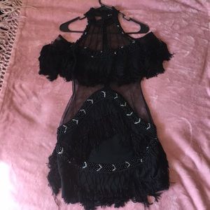 Faux pearl & tassel open shoulder dress